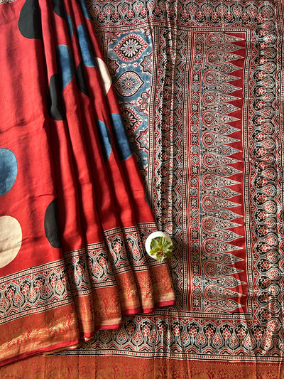 Ruhu:Handblock Ajrakh Dola Silk Saree With Meenakari Pallu.