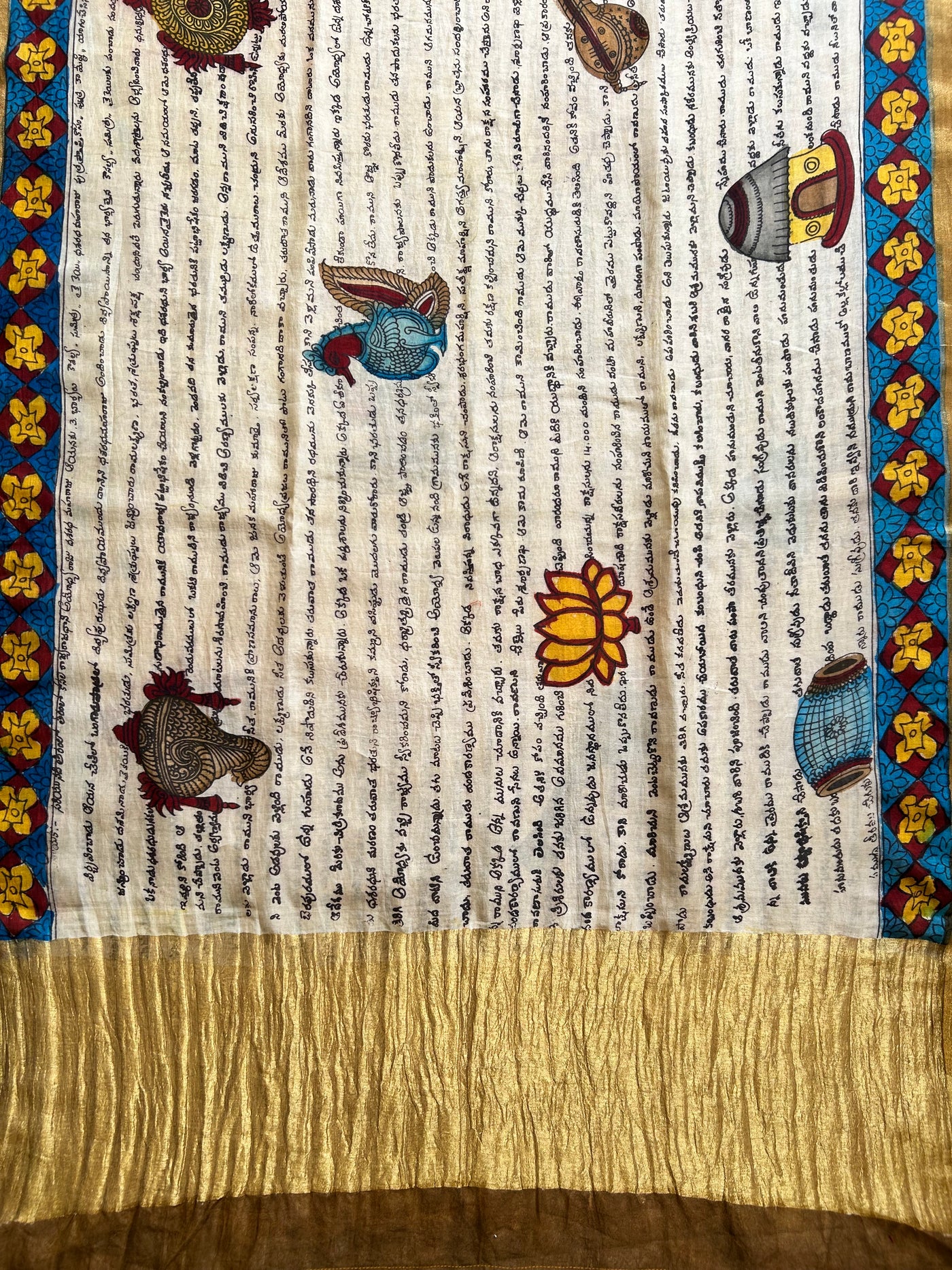 LEKHAN:Hand drawn&Hand painted penkalamkeri silk-cott tissue dupatta.