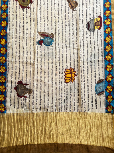 LEKHAN:Hand drawn&Hand painted penkalamkeri silk-cott tissue dupatta.