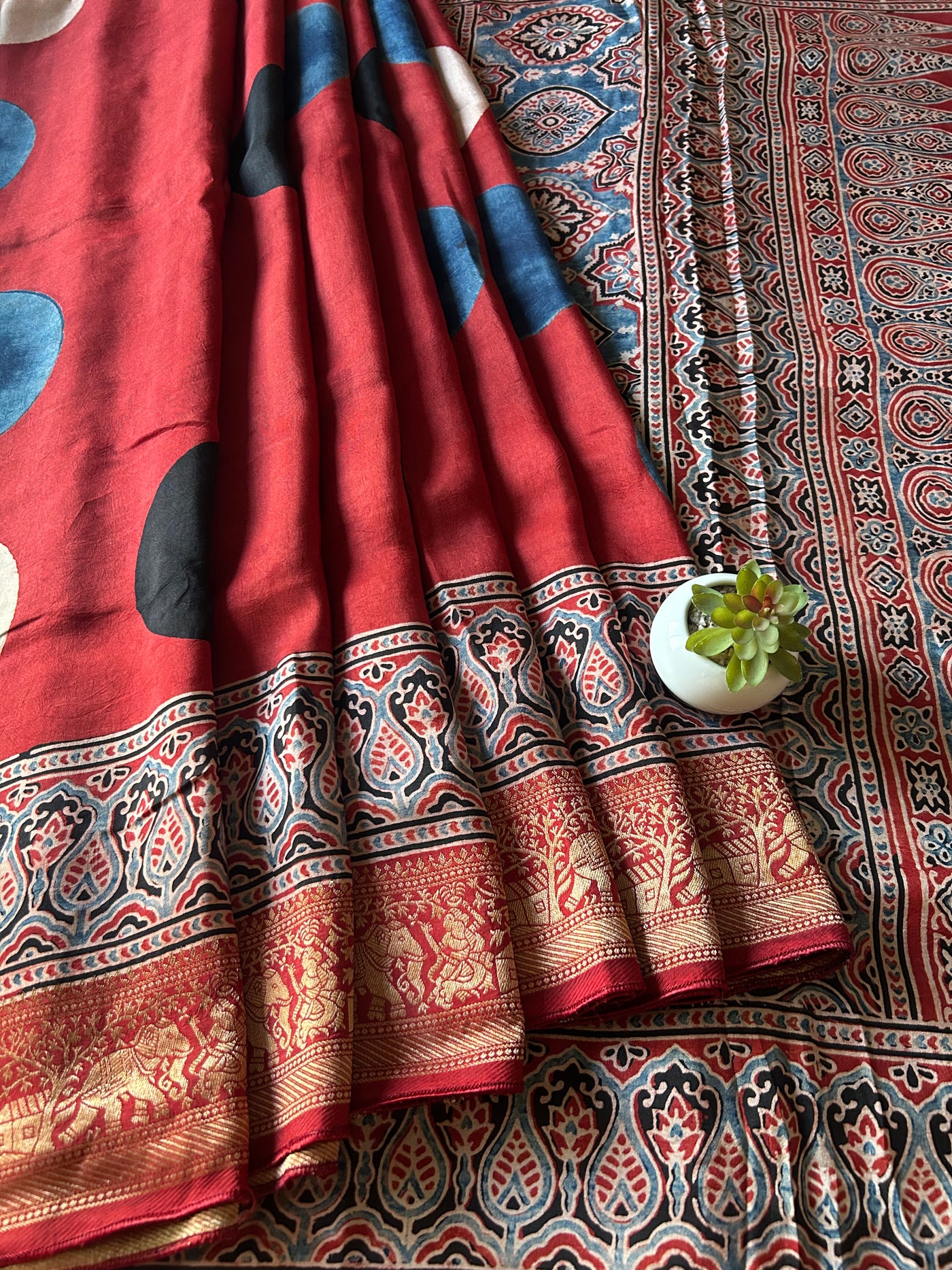 Ruhu:Handblock Ajrakh Dola Silk Saree With Meenakari Pallu.