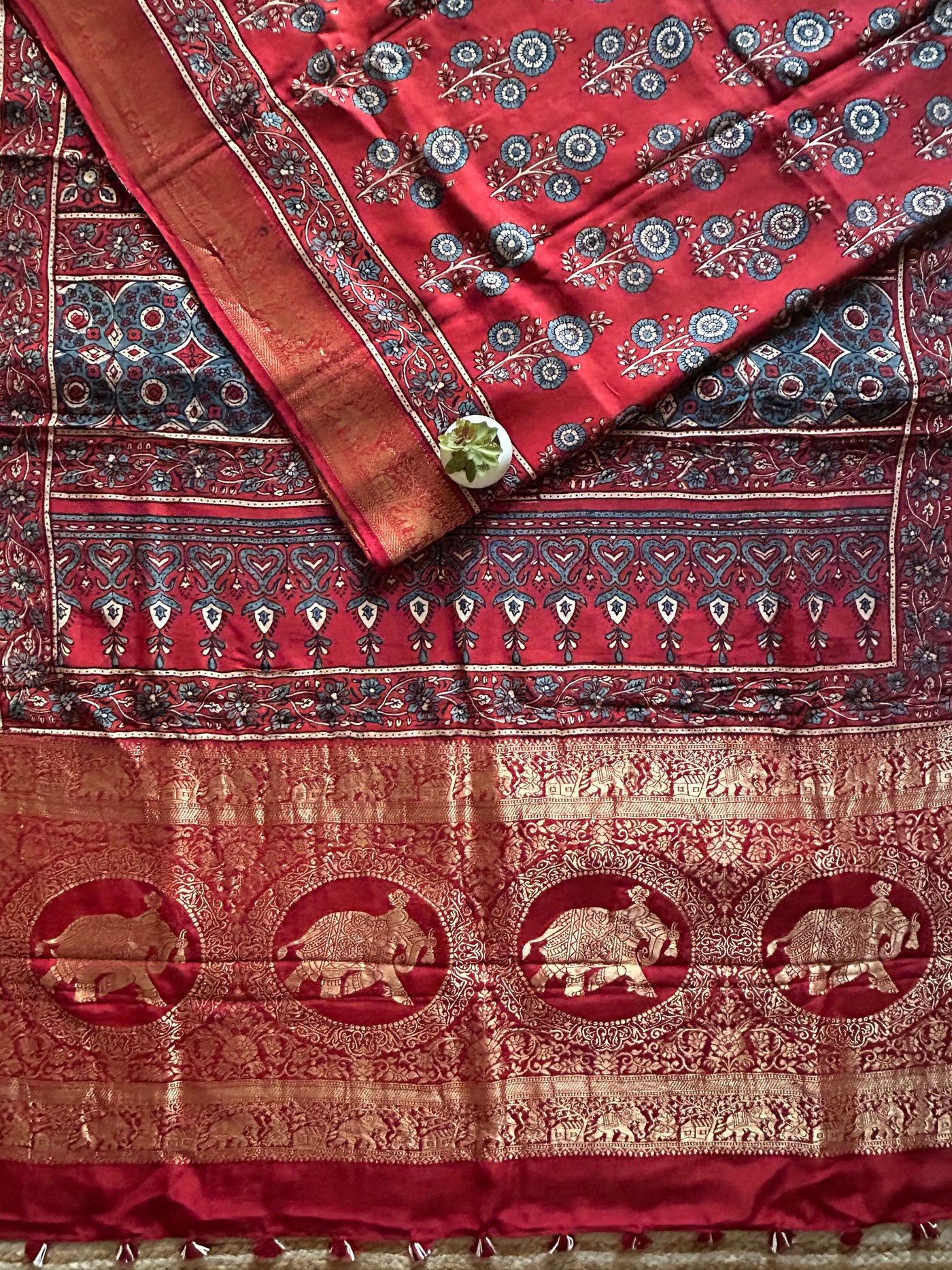 Rambha:Handblock Ajrakh Dola Silk Saree With Meenakari Pallu.