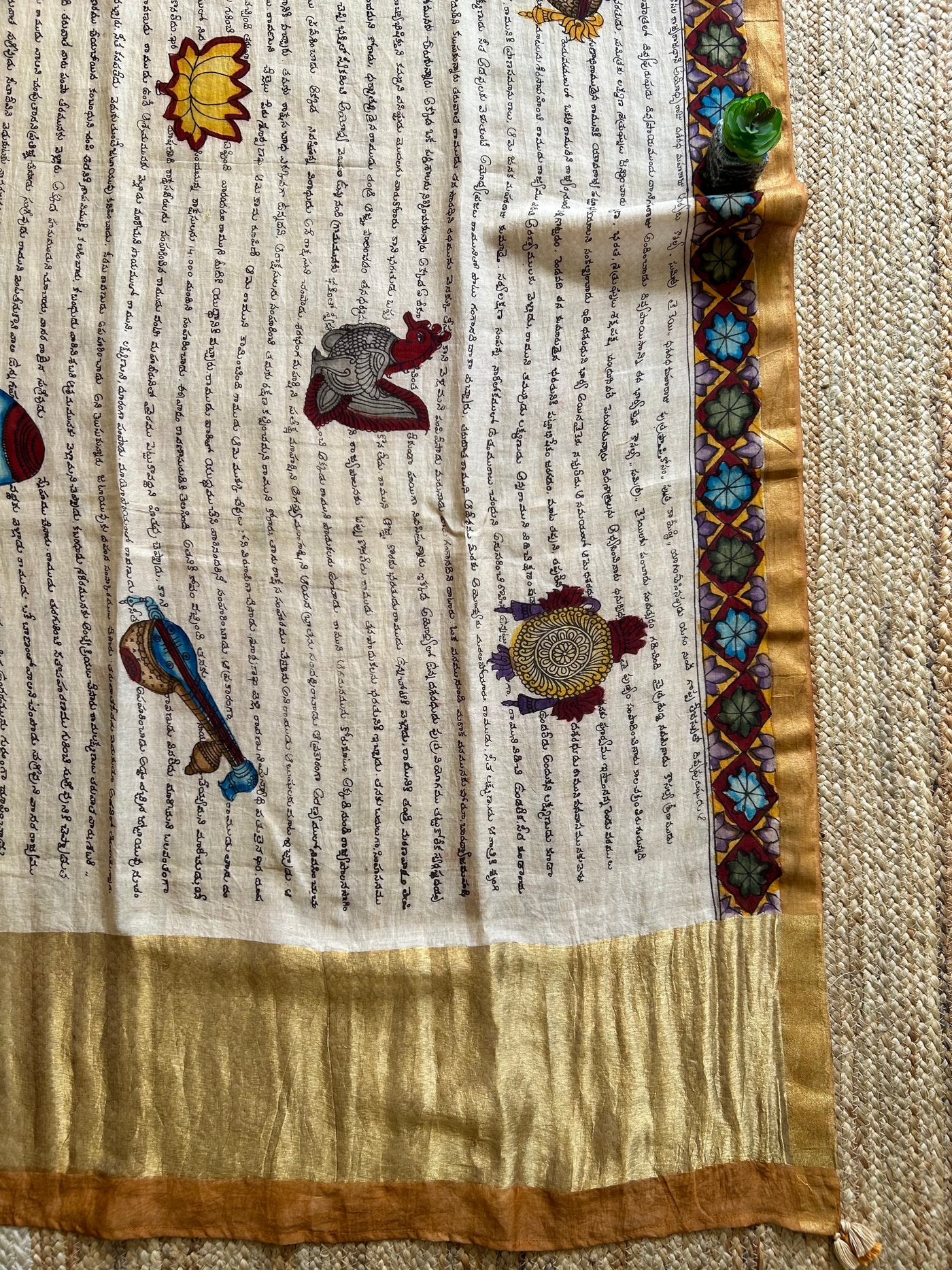 Lekhani:Hand drawn&Hand painted penkalamkeri silk-cott tissue dupatta.