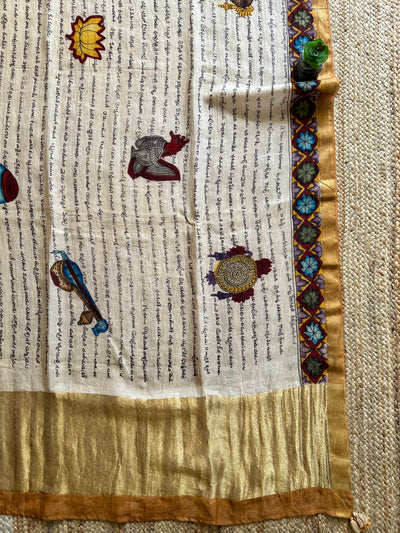 Lekhani:Hand drawn&Hand painted penkalamkeri silk-cott tissue dupatta.