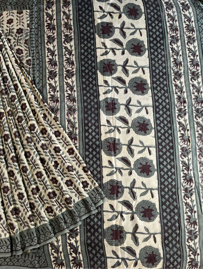 SUNAINA: HANDBLOCK BAGRU PRINTED ICE BLUE MODAL SILK SAREE