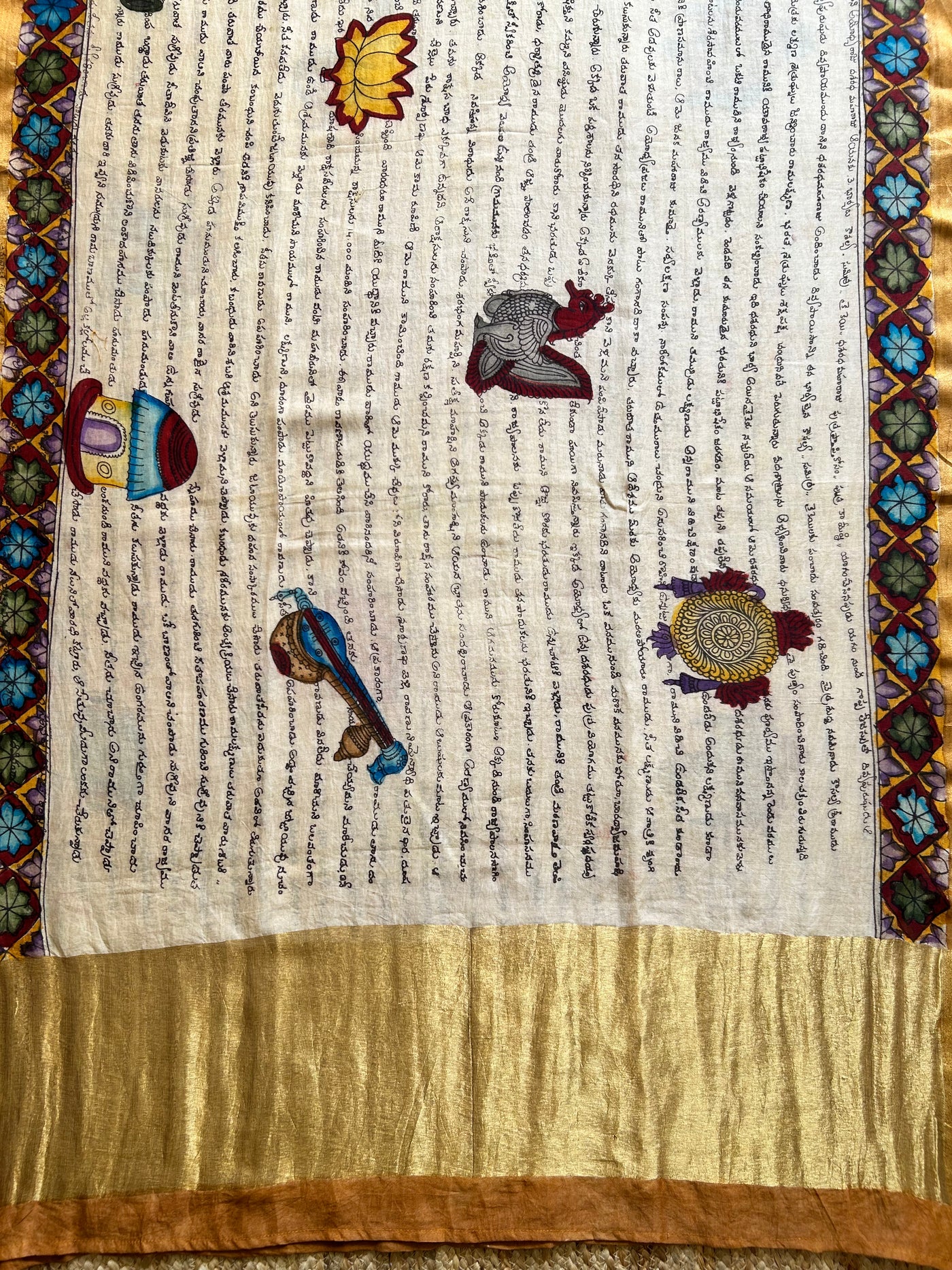 Lekhani:Hand drawn&Hand painted penkalamkeri silk-cott tissue dupatta.
