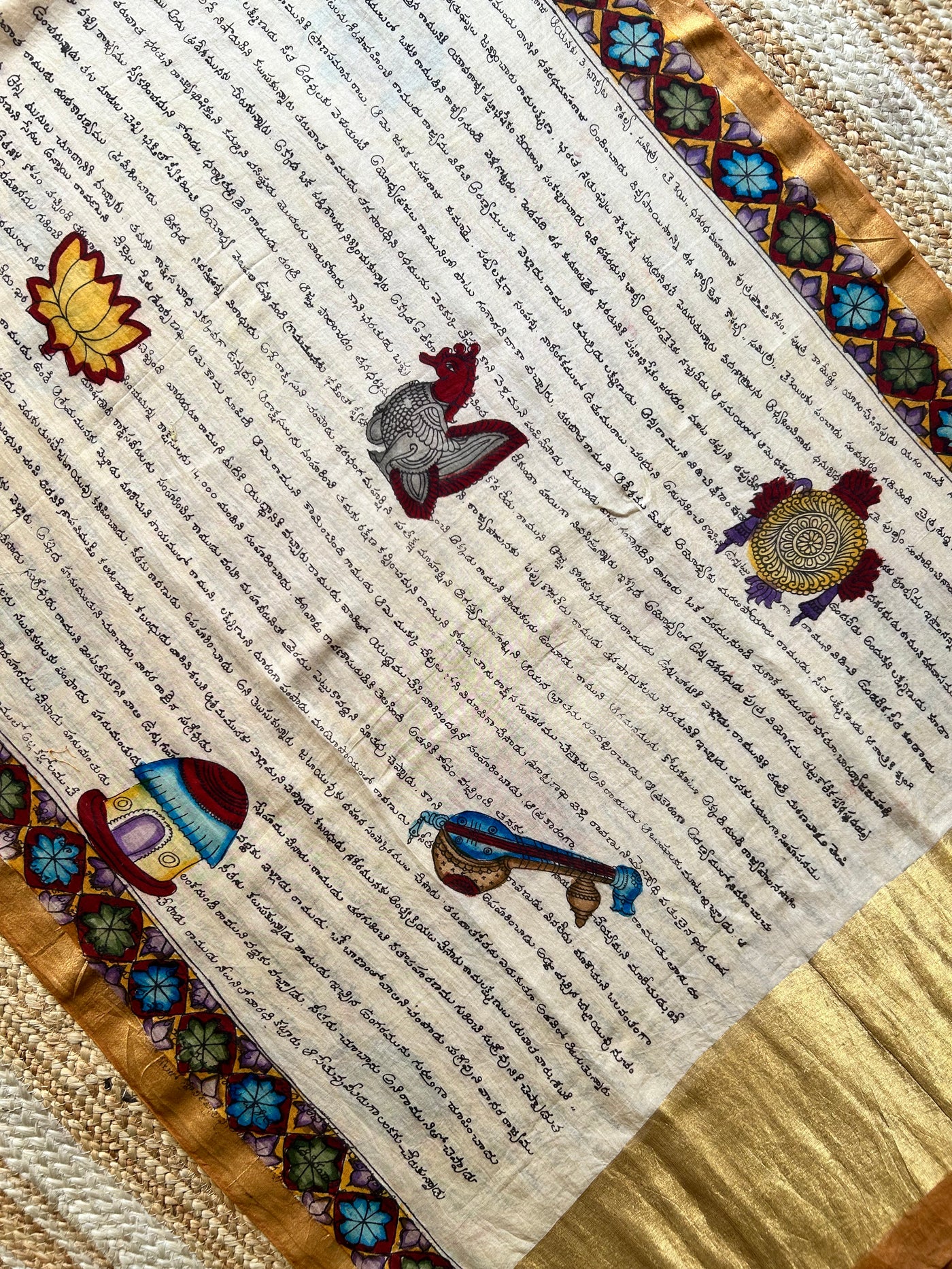 Lekhani:Hand drawn&Hand painted penkalamkeri silk-cott tissue dupatta.