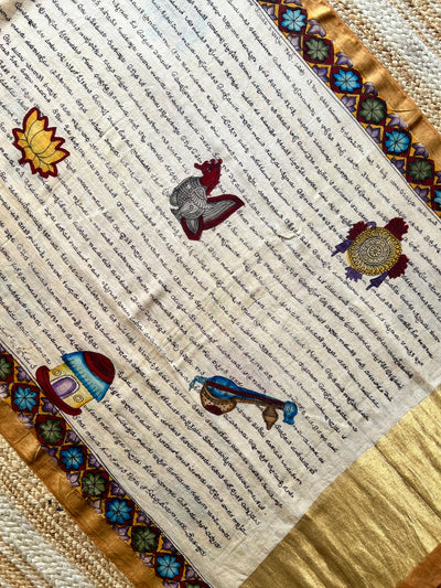 Lekhani:Hand drawn&Hand painted penkalamkeri silk-cott tissue dupatta.