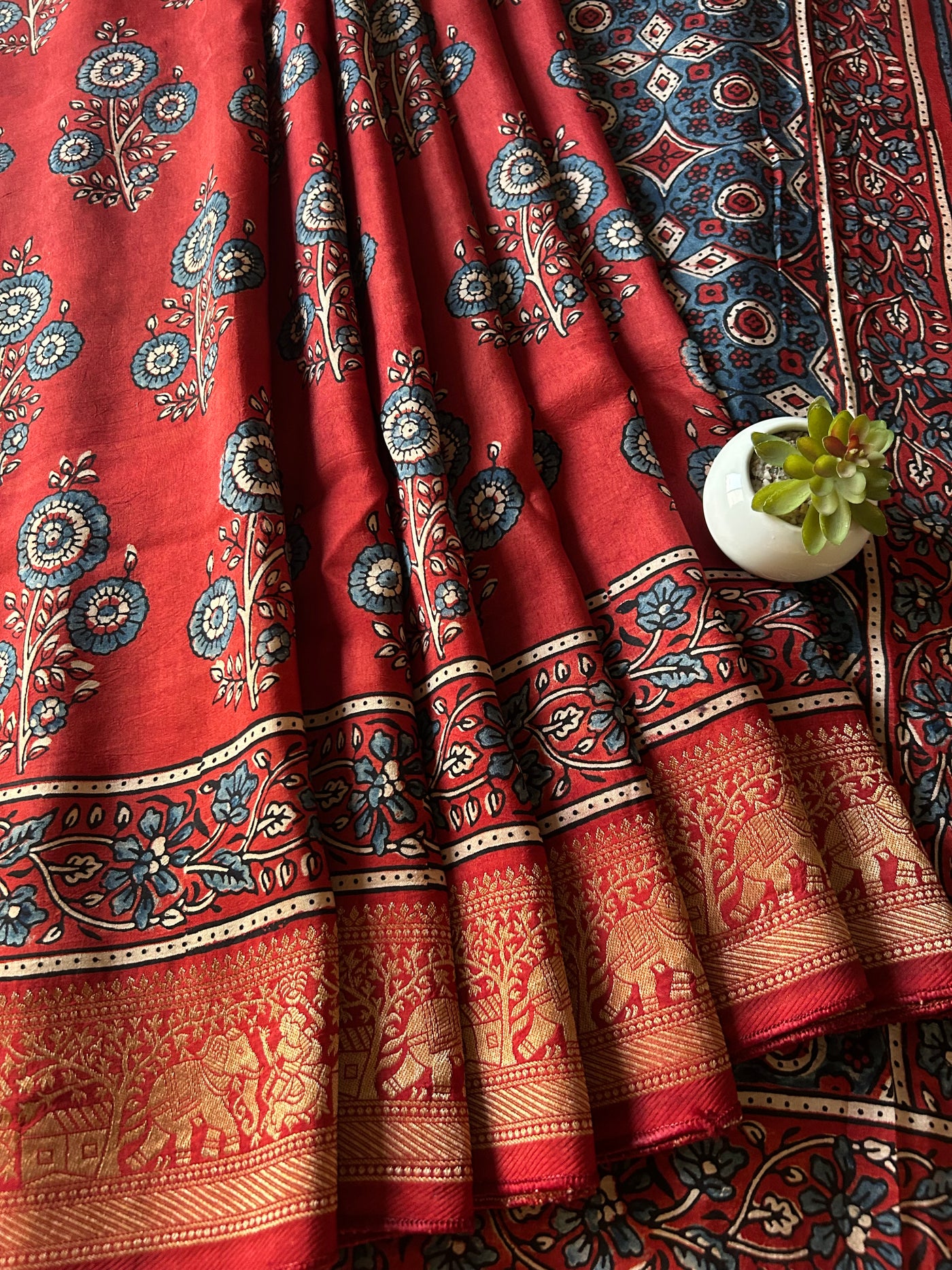 Rambha:Handblock Ajrakh Dola Silk Saree With Meenakari Pallu.