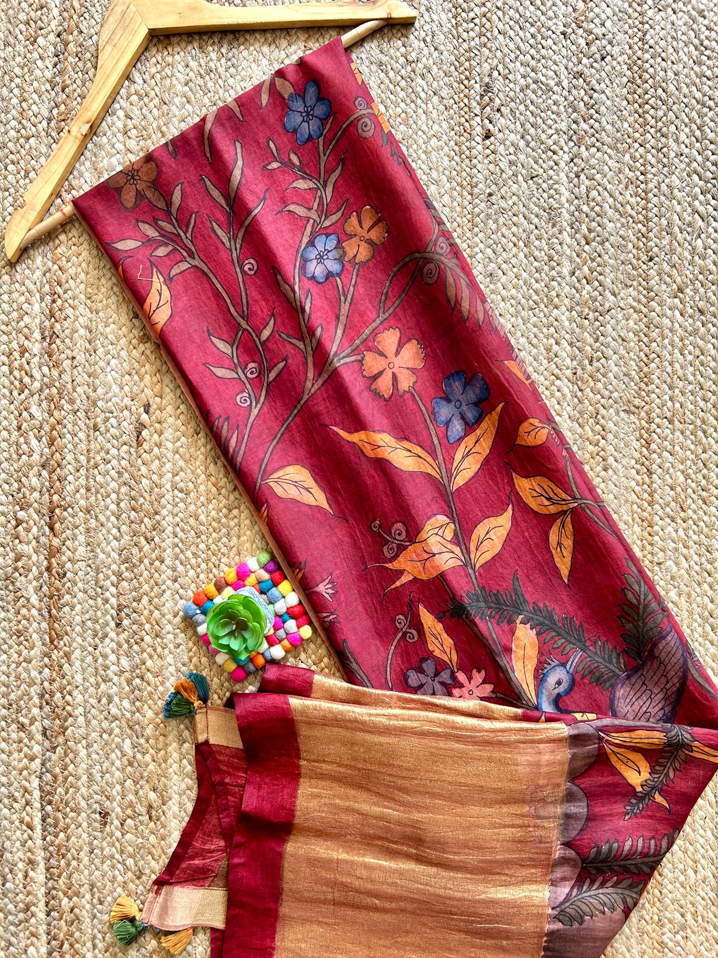 PARINDA:Hand drawn&Hand painted penkalamkeri silk-cott tissue dupatta.