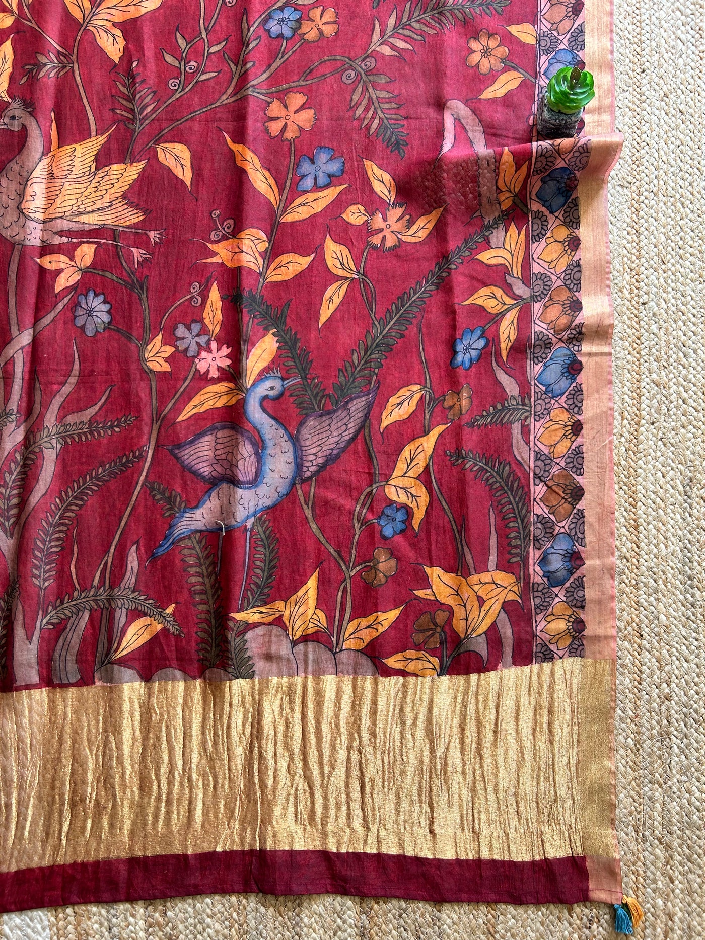 PARINDA:Hand drawn&Hand painted penkalamkeri silk-cott tissue dupatta.