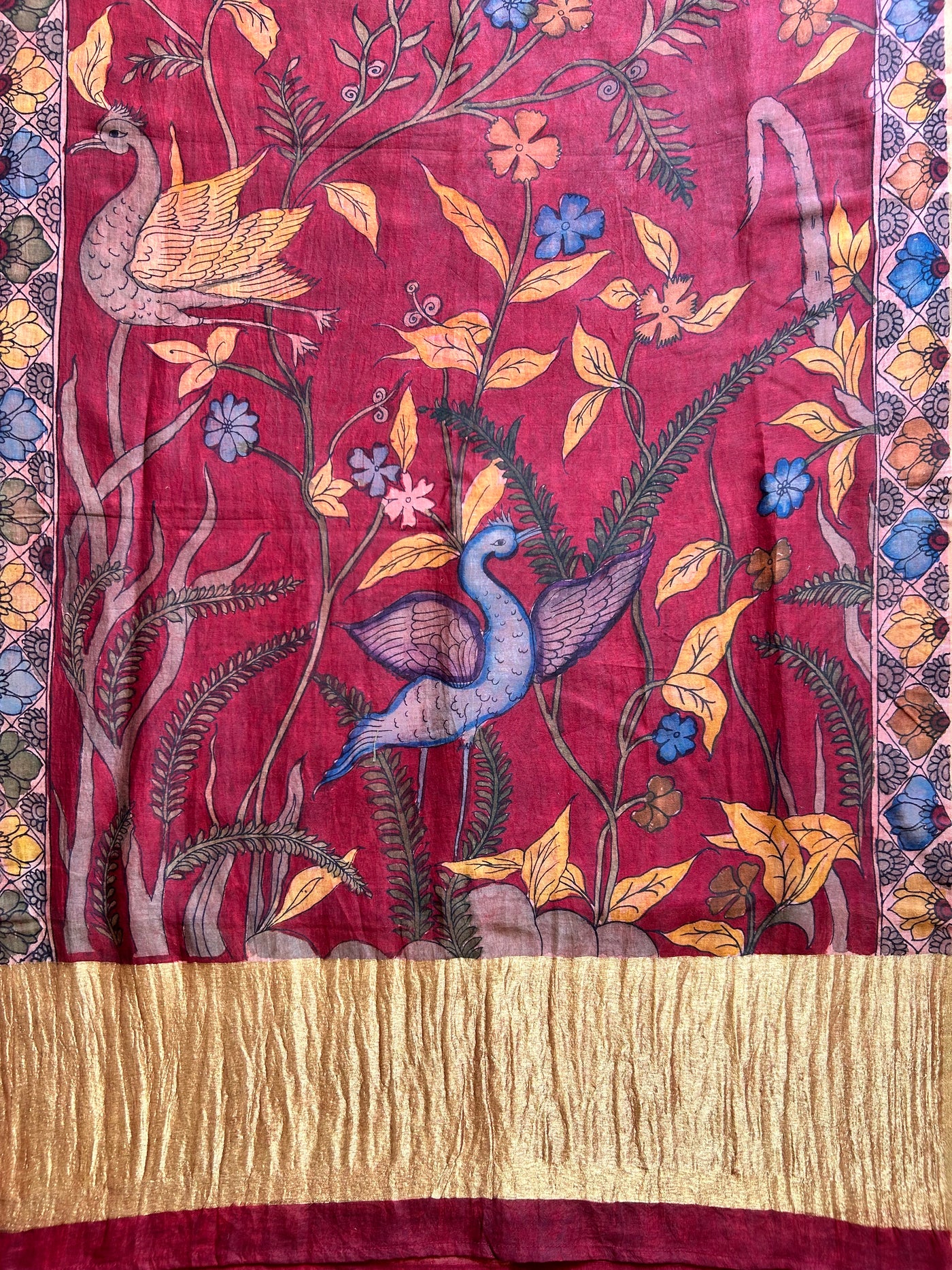 PARINDA:Hand drawn&Hand painted penkalamkeri silk-cott tissue dupatta.