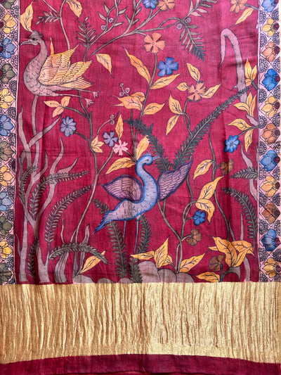 PARINDA:Hand drawn&Hand painted penkalamkeri silk-cott tissue dupatta.