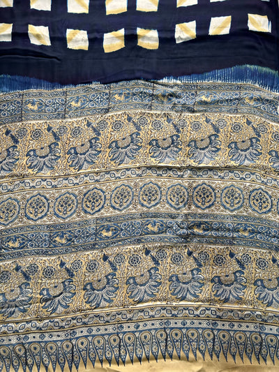 BHAVYA: Handmade Clamp Dyed- Ajrakh Modal Silk Saree