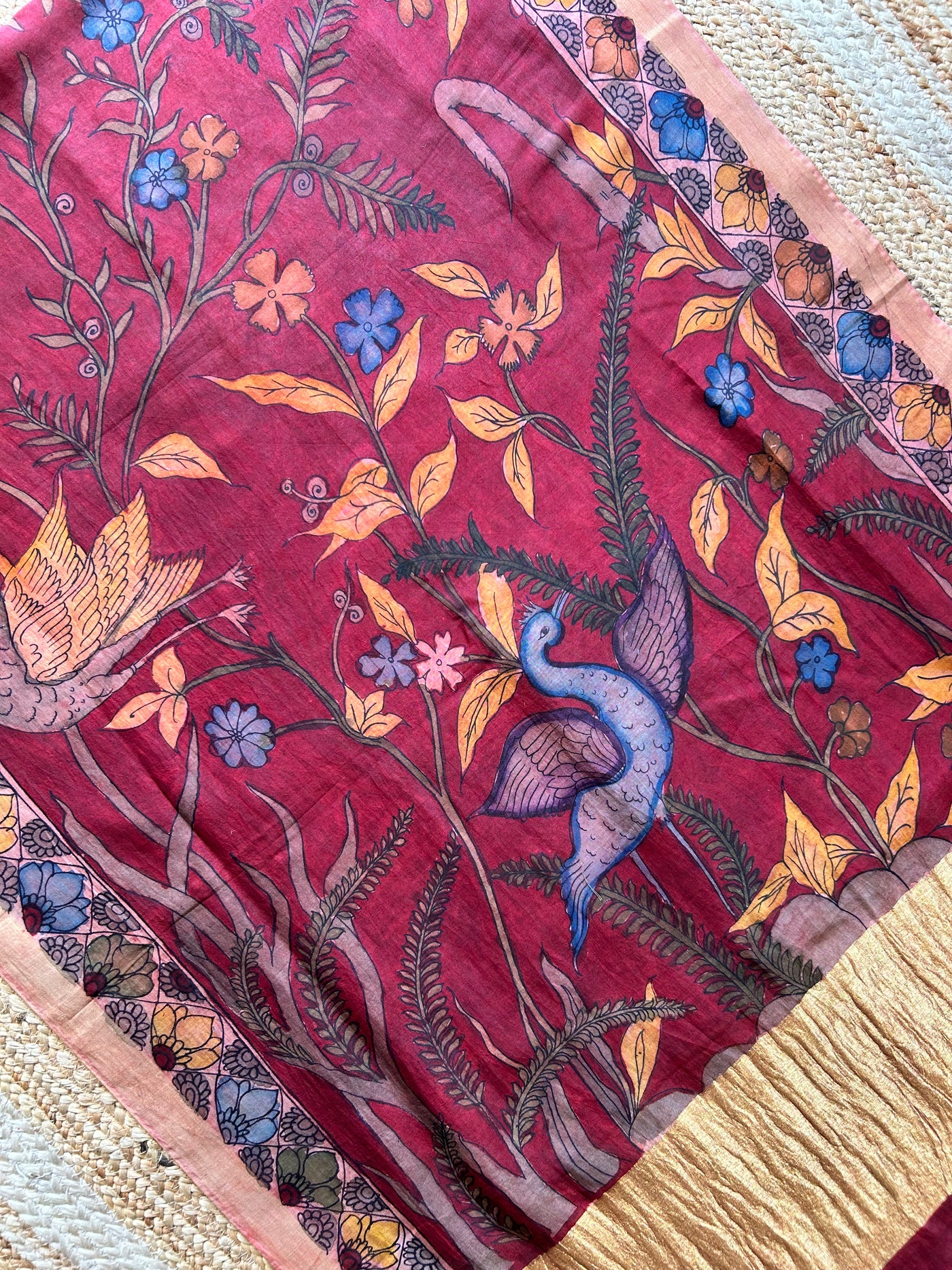 PARINDA:Hand drawn&Hand painted penkalamkeri silk-cott tissue dupatta.