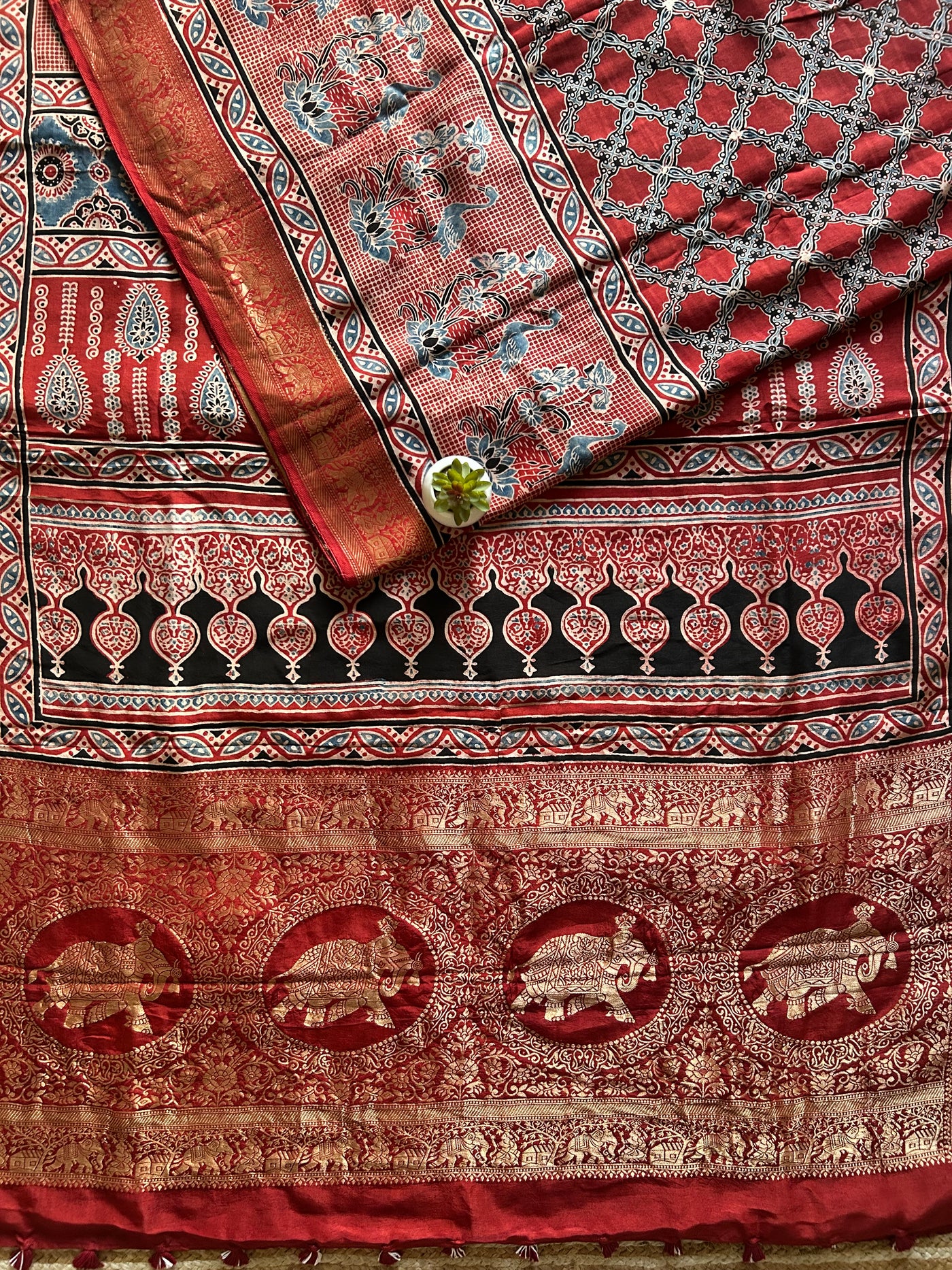 Jyotsna:Handblock Ajrakh Dola Silk Saree With Meenakari Pallu.