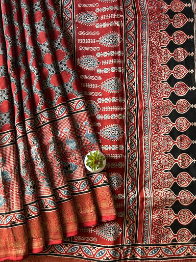 Jyotsna:Handblock Ajrakh Dola Silk Saree With Meenakari Pallu.