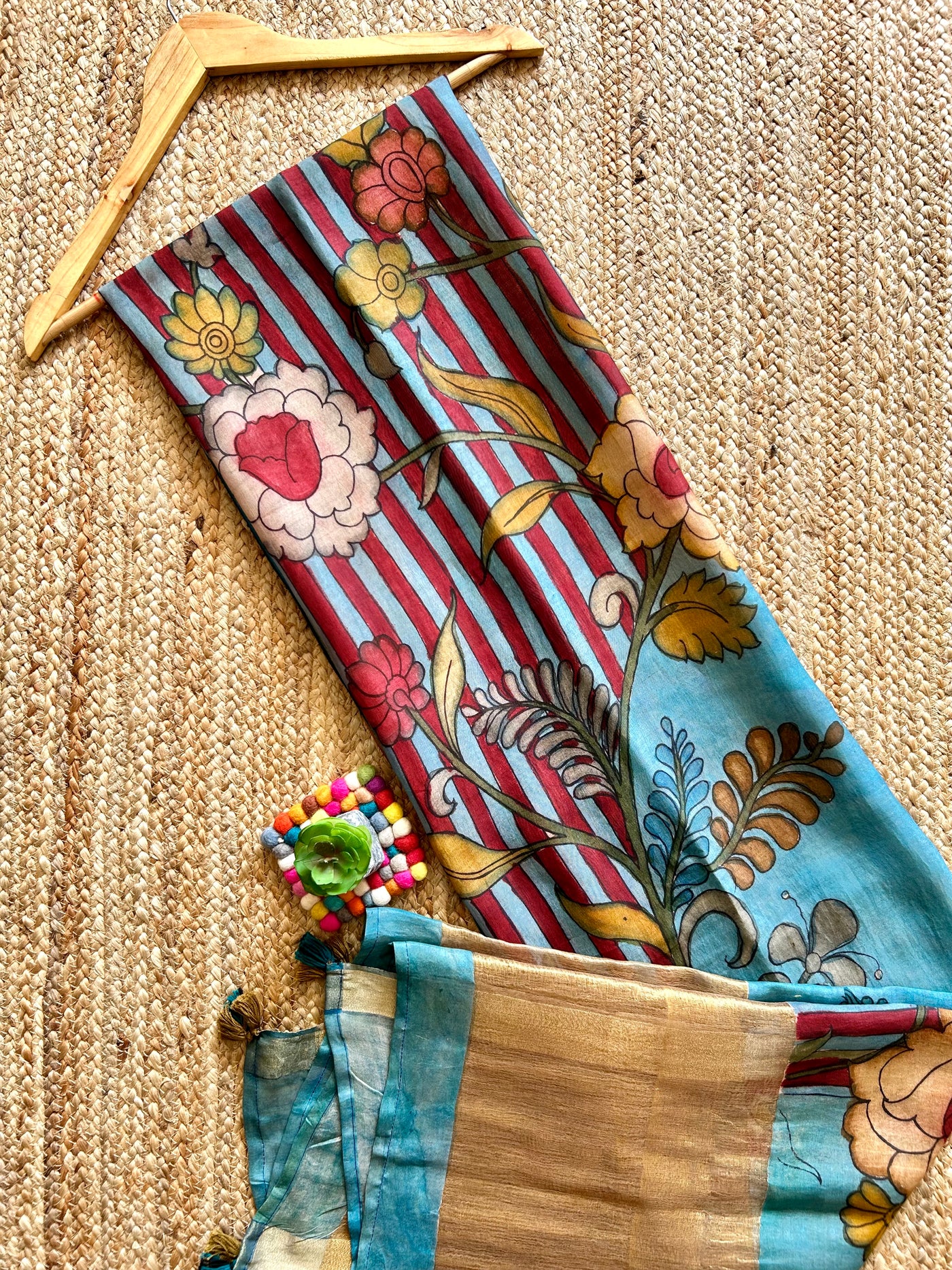 REKHA:Hand drawn&Hand painted penkalamkeri silk-cott tissue dupatta.