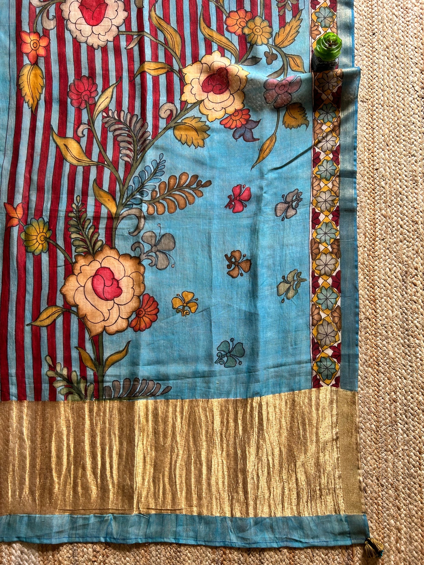 REKHA:Hand drawn&Hand painted penkalamkeri silk-cott tissue dupatta.