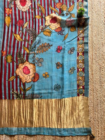 REKHA:Hand drawn&Hand painted penkalamkeri silk-cott tissue dupatta.