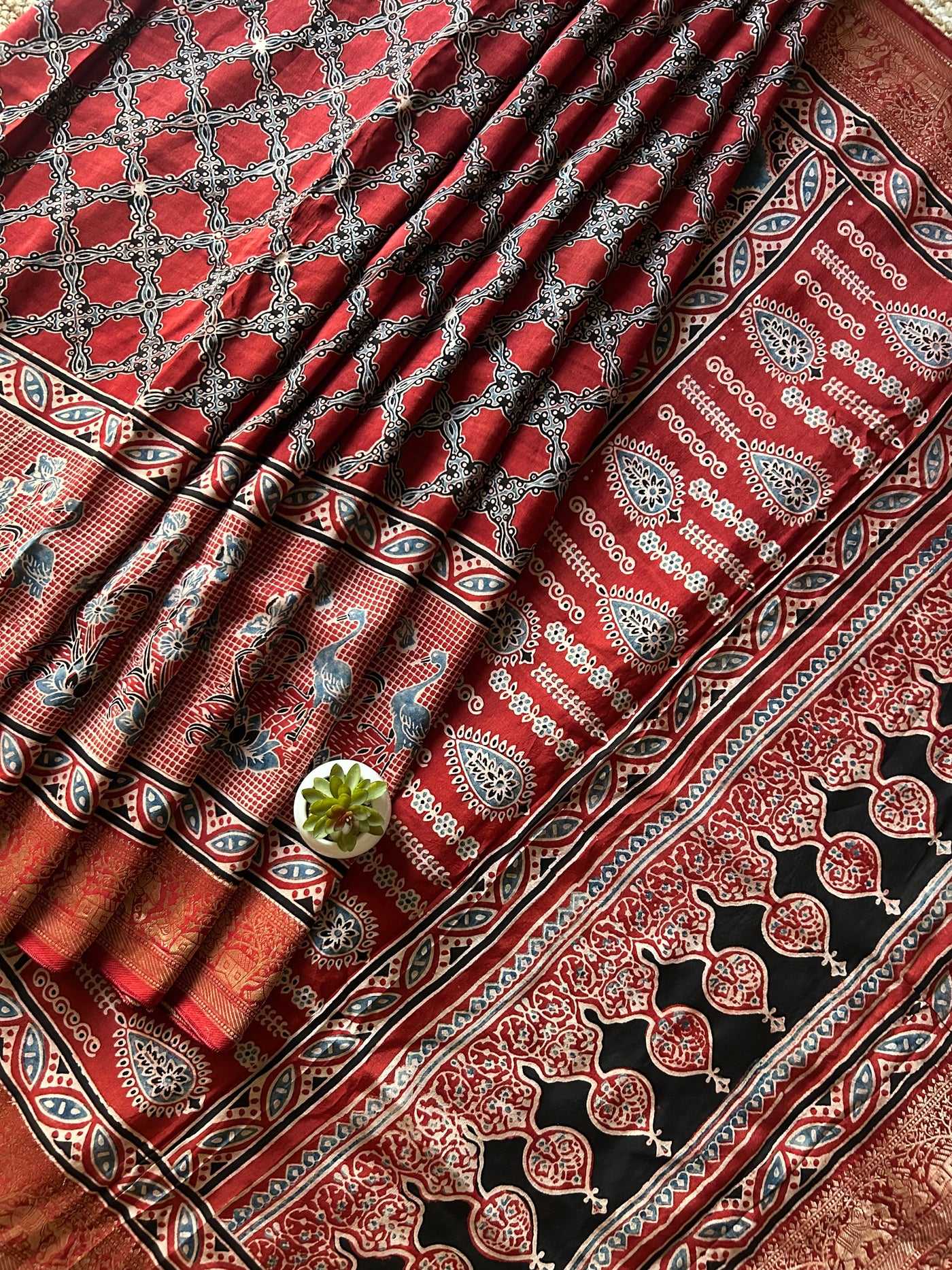 Jyotsna:Handblock Ajrakh Dola Silk Saree With Meenakari Pallu.