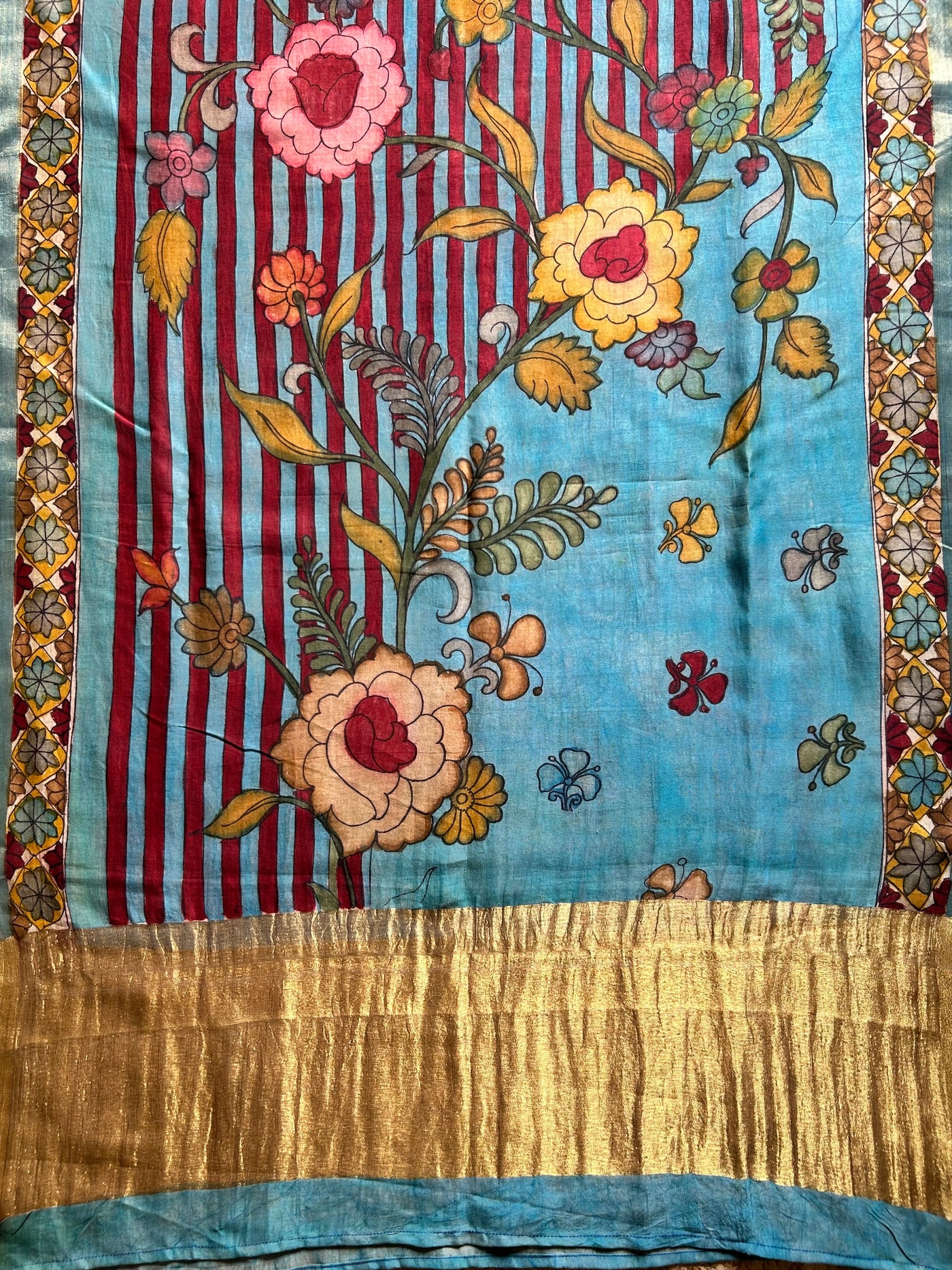 REKHA:Hand drawn&Hand painted penkalamkeri silk-cott tissue dupatta.
