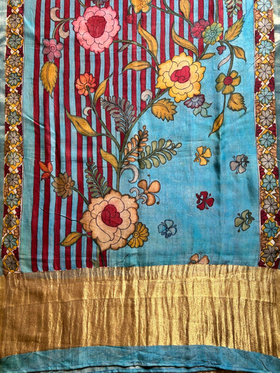REKHA:Hand drawn&Hand painted penkalamkeri silk-cott tissue dupatta.