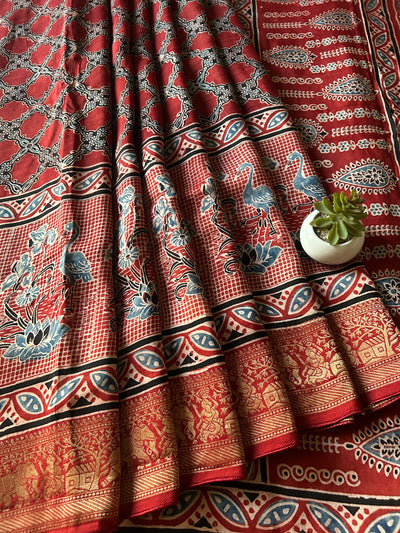 Jyotsna:Handblock Ajrakh Dola Silk Saree With Meenakari Pallu.