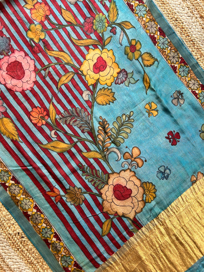 REKHA:Hand drawn&Hand painted penkalamkeri silk-cott tissue dupatta.