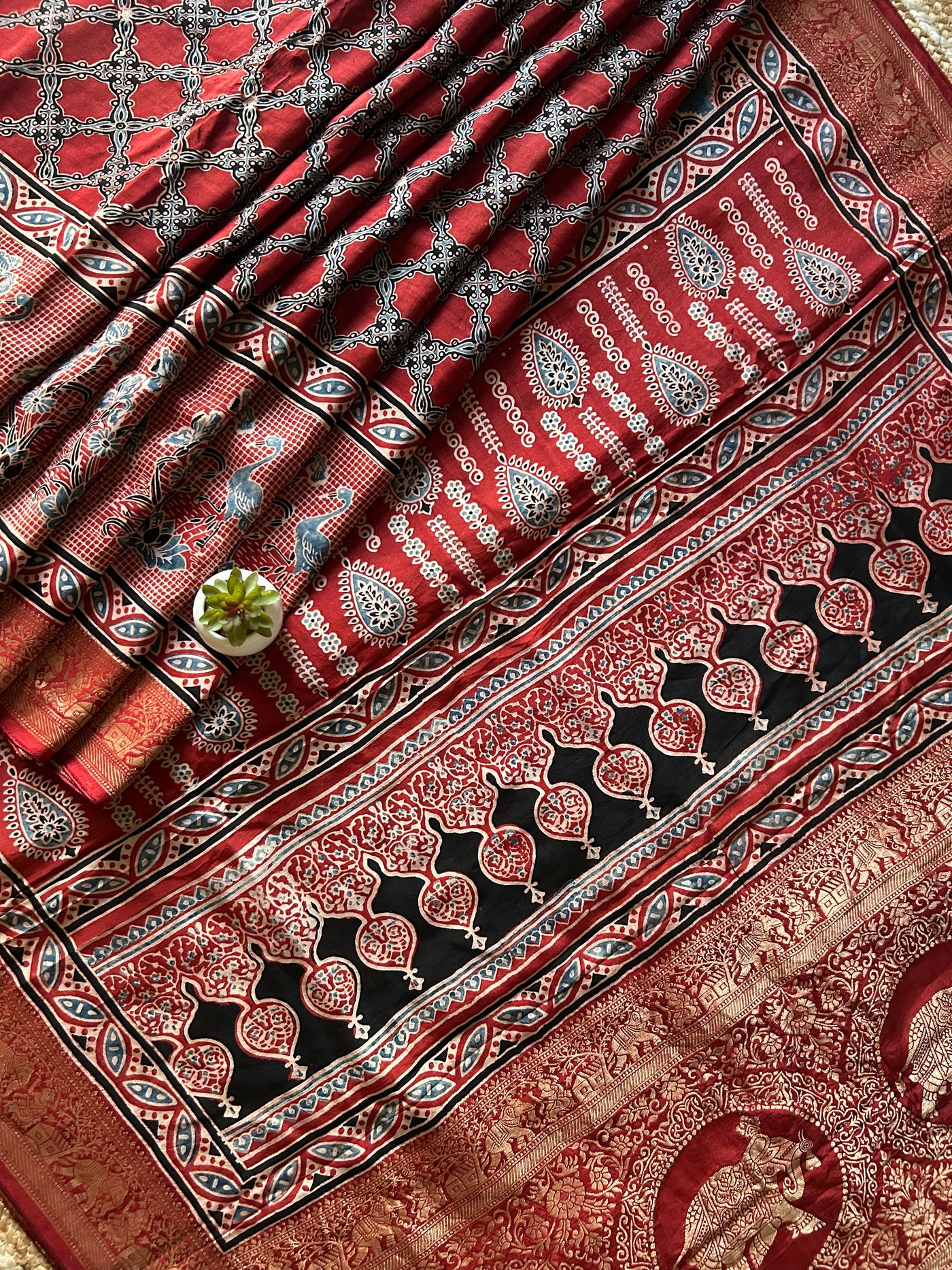 Jyotsna:Handblock Ajrakh Dola Silk Saree With Meenakari Pallu.