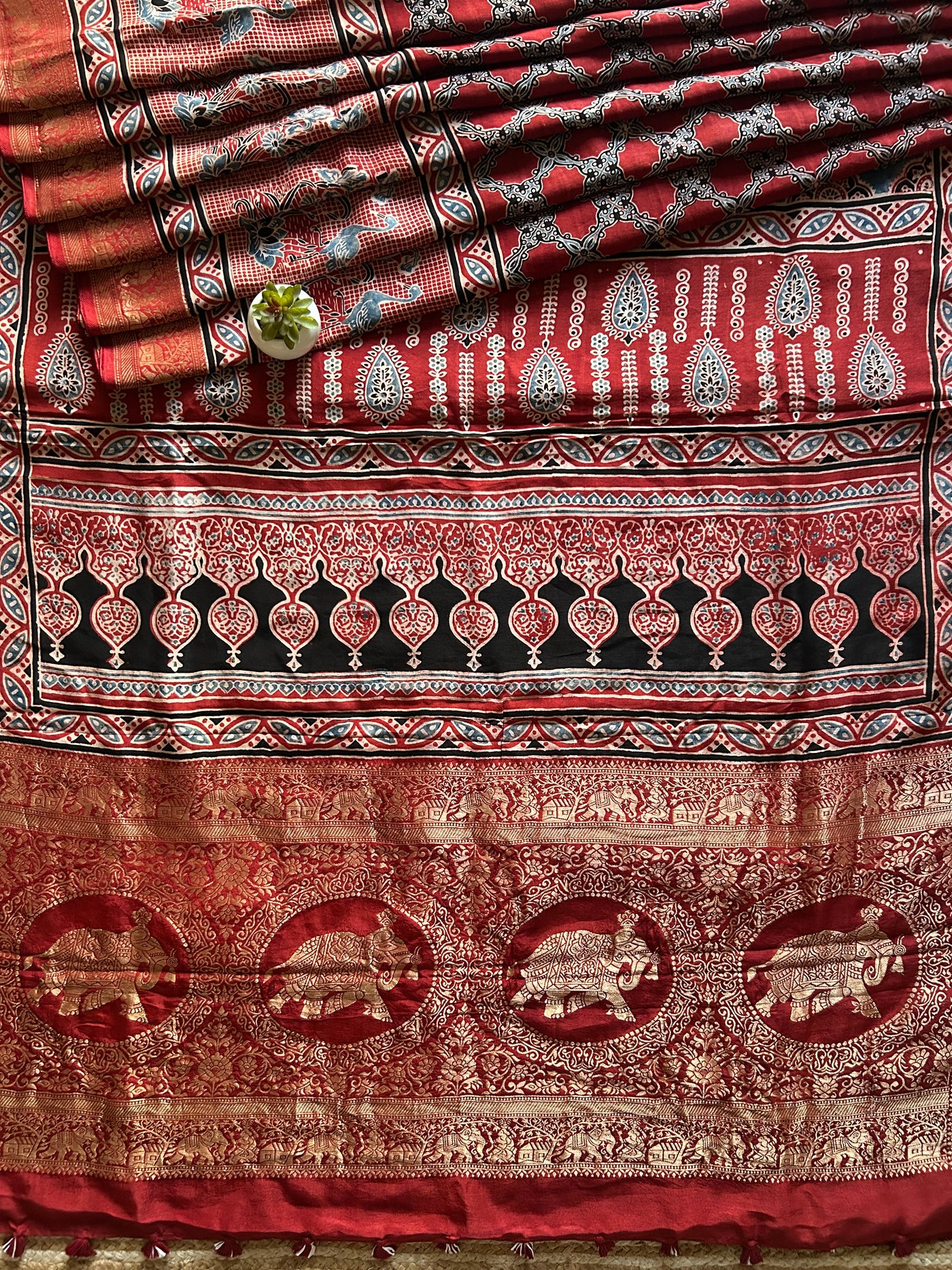 Jyotsna:Handblock Ajrakh Dola Silk Saree With Meenakari Pallu.