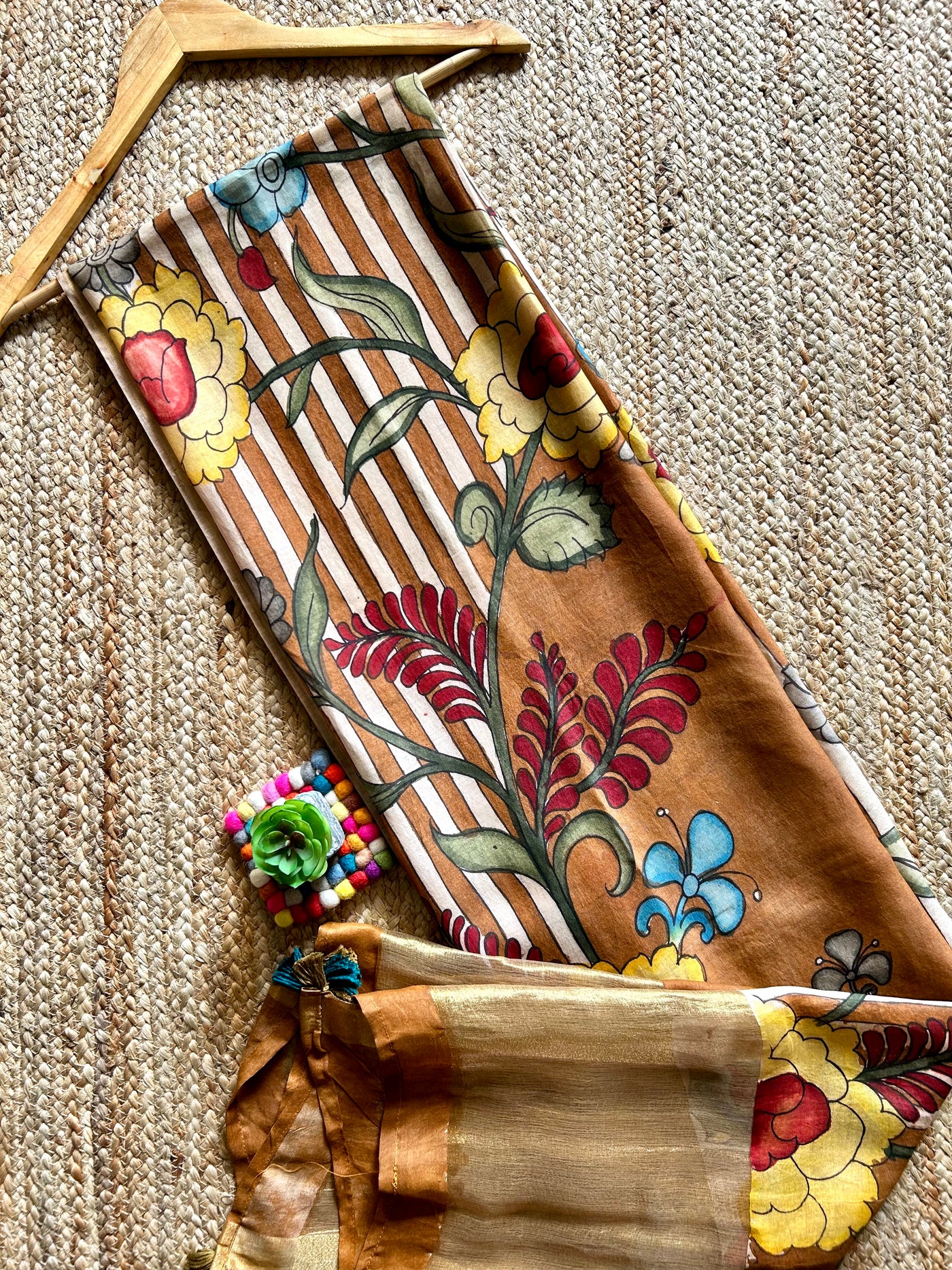 LAKEER:Hand drawn&Hand painted penkalamkeri silk-cott tissue dupatta.