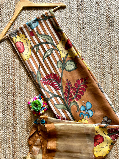LAKEER:Hand drawn&Hand painted penkalamkeri silk-cott tissue dupatta.