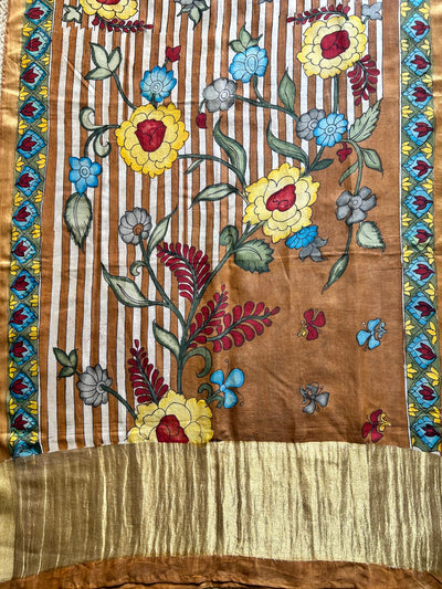LAKEER:Hand drawn&Hand painted penkalamkeri silk-cott tissue dupatta.