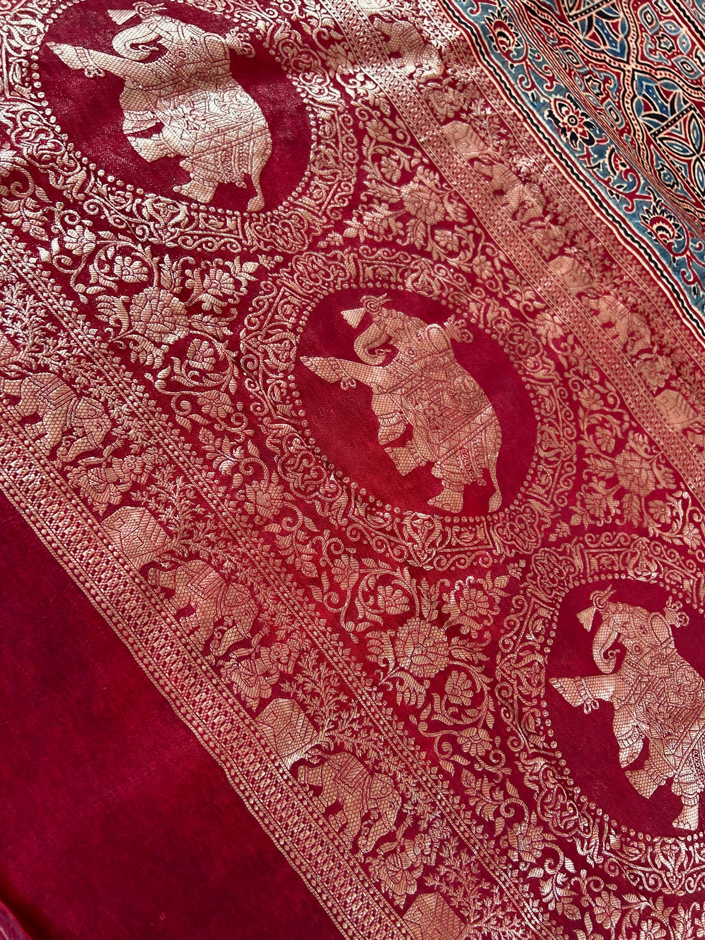 Gaytri:Handblock Ajrakh Dola Silk Saree with Meenakari Pallu