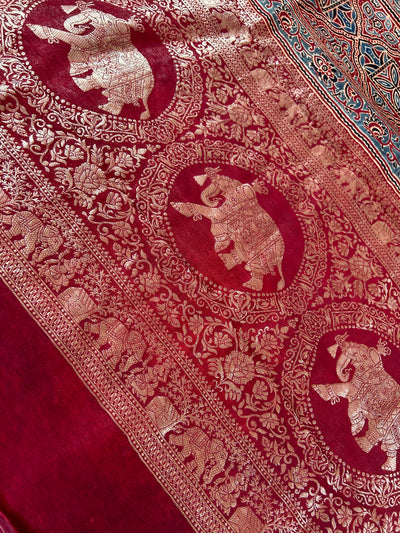 Gaytri:Handblock Ajrakh Dola Silk Saree with Meenakari Pallu