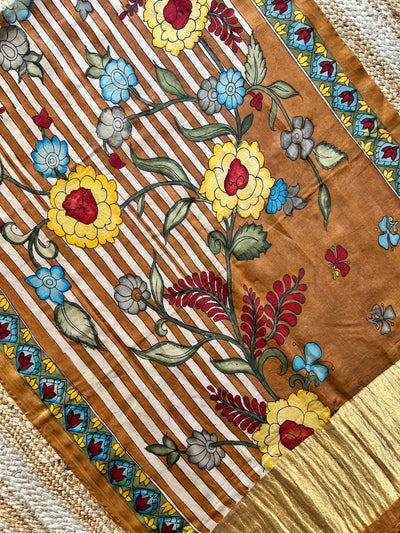 LAKEER:Hand drawn&Hand painted penkalamkeri silk-cott tissue dupatta.