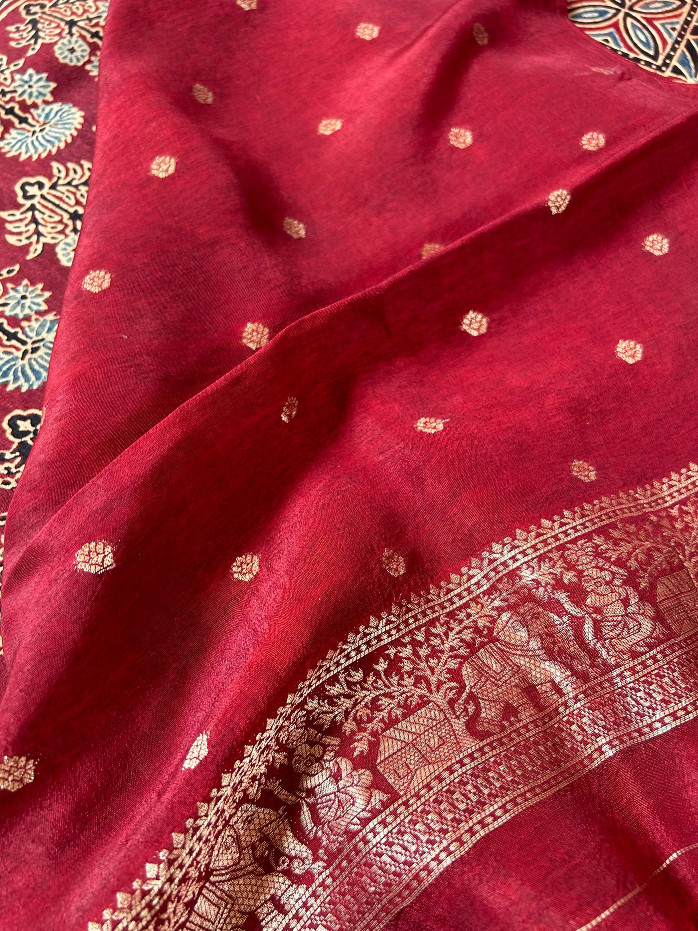 Gaytri:Handblock Ajrakh Dola Silk Saree with Meenakari Pallu