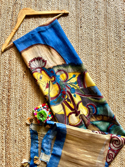 LEELADHAR:Blue,Hand drawn&Hand painted penkalamkeri silk-cott tissue dupatta.
