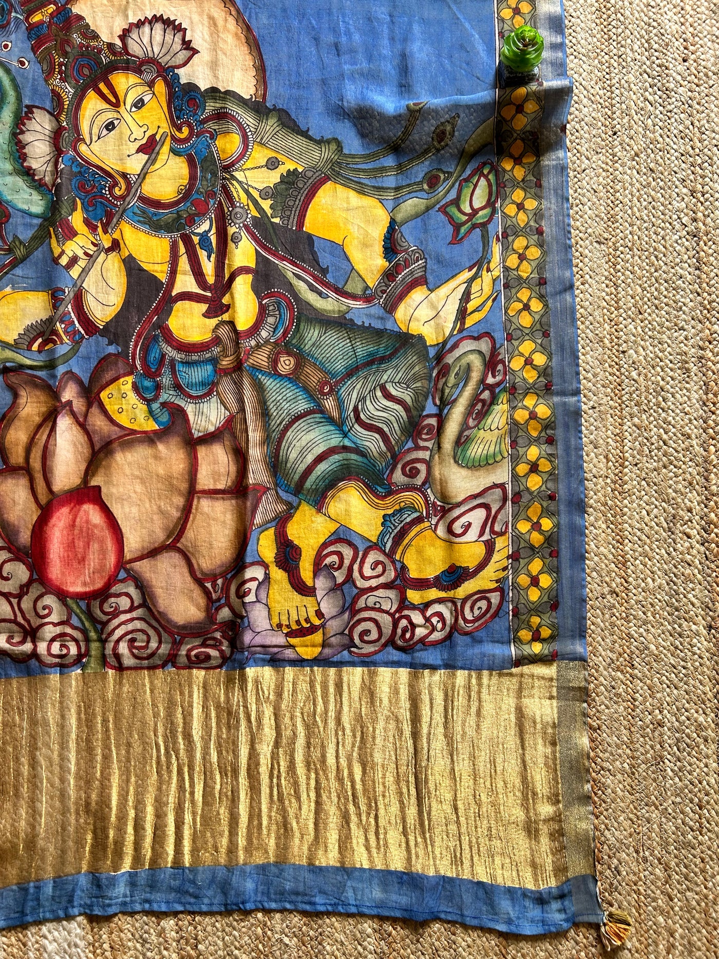 LEELADHAR:Blue,Hand drawn&Hand painted penkalamkeri silk-cott tissue dupatta.