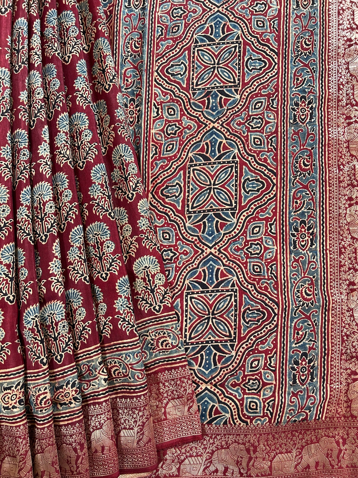 Gaytri:Handblock Ajrakh Dola Silk Saree with Meenakari Pallu