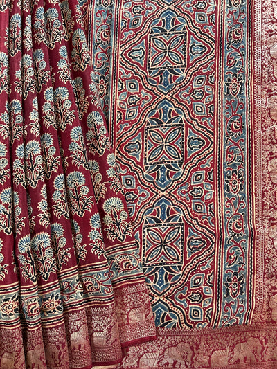 Gaytri:Handblock Ajrakh Dola Silk Saree with Meenakari Pallu