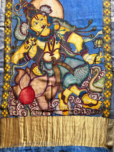 LEELADHAR:Blue,Hand drawn&Hand painted penkalamkeri silk-cott tissue dupatta.
