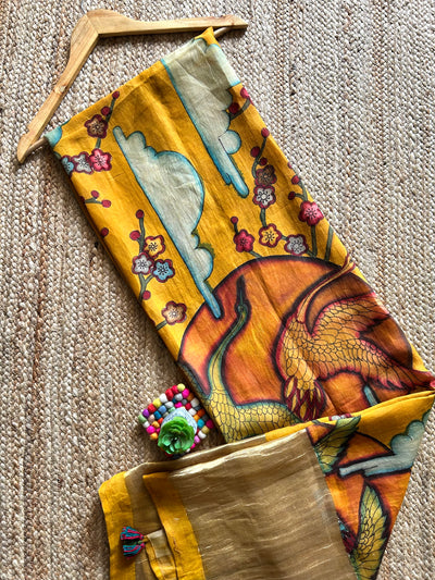 SON CHIDIYA:Hand drawn&Hand painted penkalamkeri silk-cott tissue dupatta.