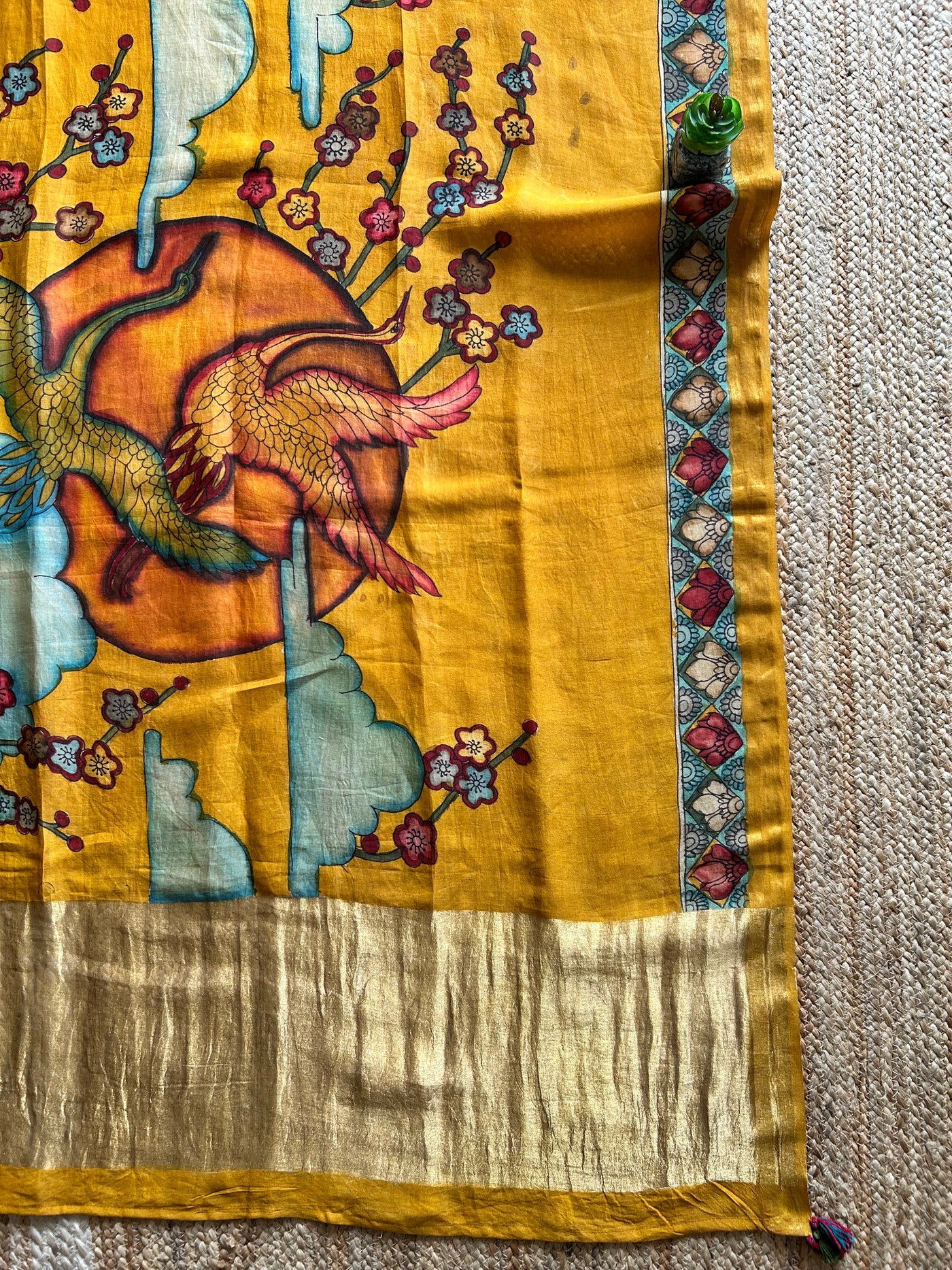 SON CHIDIYA:Hand drawn&Hand painted penkalamkeri silk-cott tissue dupatta.