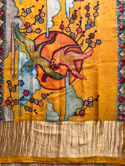 SON CHIDIYA:Hand drawn&Hand painted penkalamkeri silk-cott tissue dupatta.