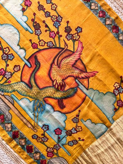SON CHIDIYA:Hand drawn&Hand painted penkalamkeri silk-cott tissue dupatta.