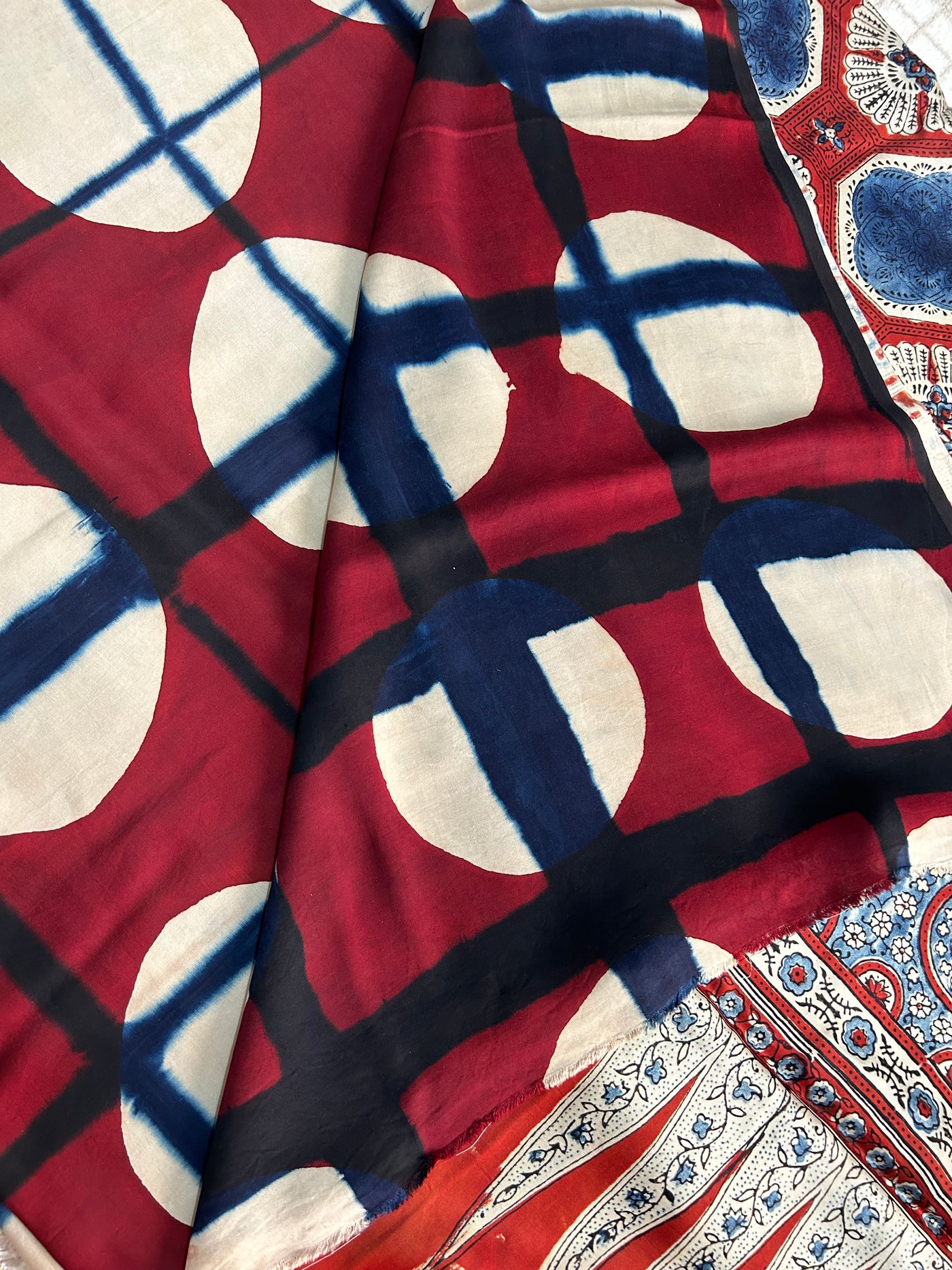 KAVYA: Handmade Clamp Dyed- Ajrakh Modal Silk Saree