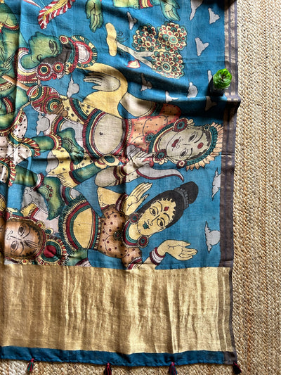 MERE RAM:Hand drawn&Hand painted penkalamkeri silk-cott tissue dupatta.