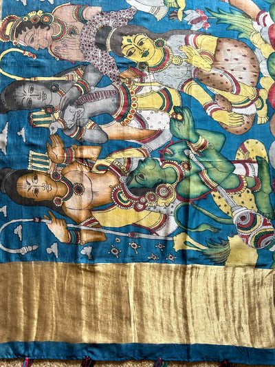 MERE RAM:Hand drawn&Hand painted penkalamkeri silk-cott tissue dupatta.