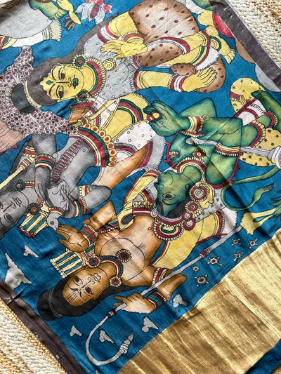 MERE RAM:Hand drawn&Hand painted penkalamkeri silk-cott tissue dupatta.